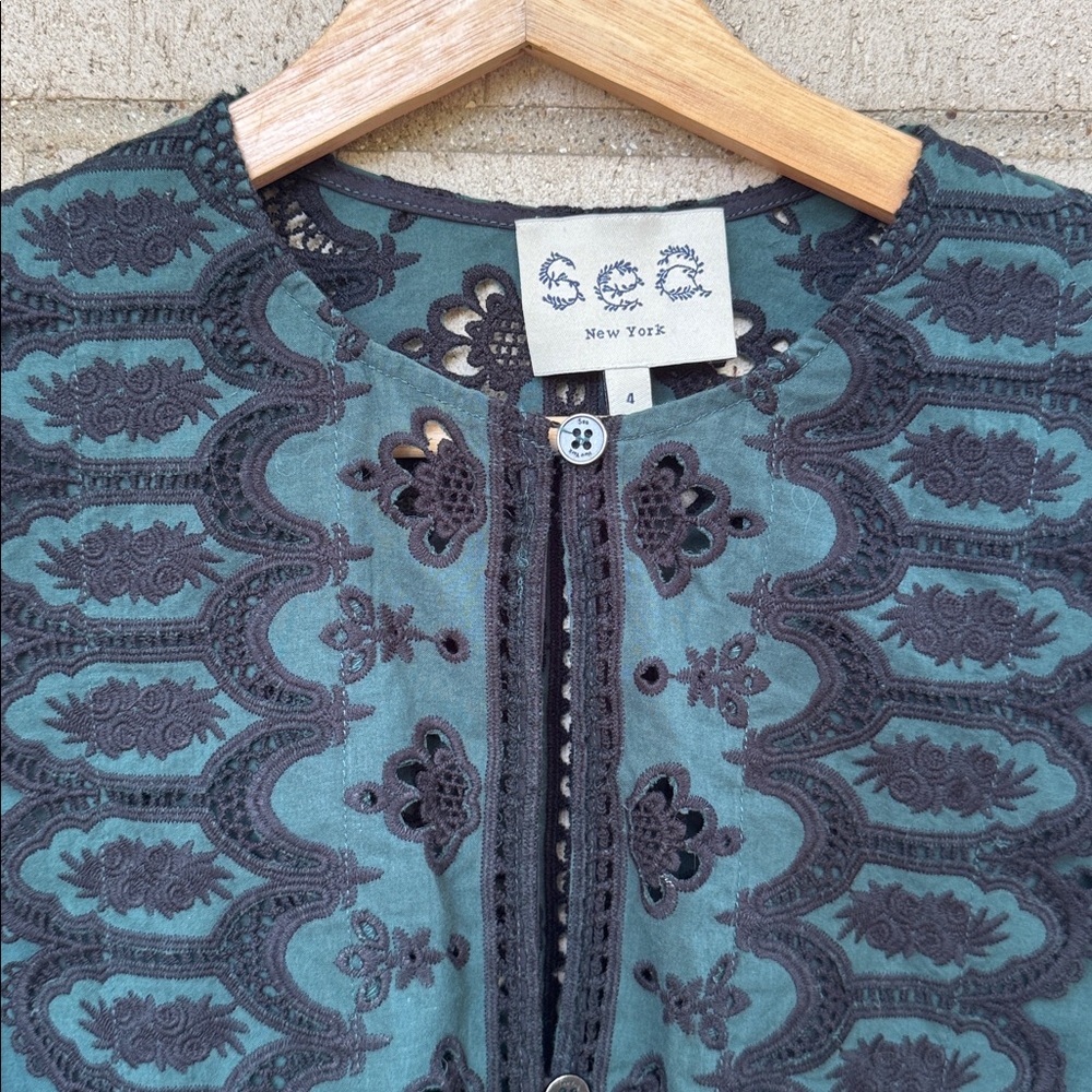 Sea New York Teal Embroidered Eyelet Button Down Long Sleeve Dress Blouse - Picture 2 of 5